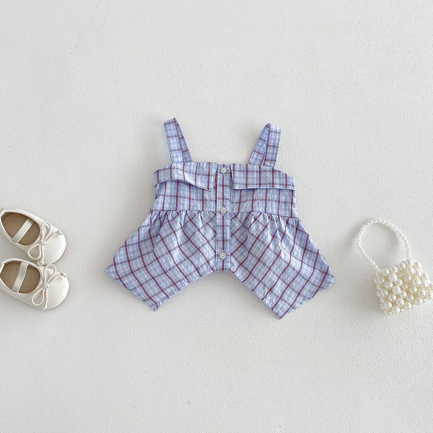 Plaid Strap Top and Lightweight Casual Cotton Shorts for Baby Girls
