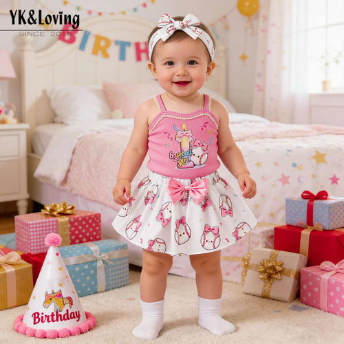 Girls pink and white summer outfit set with bow skirt and matching hair bow headband