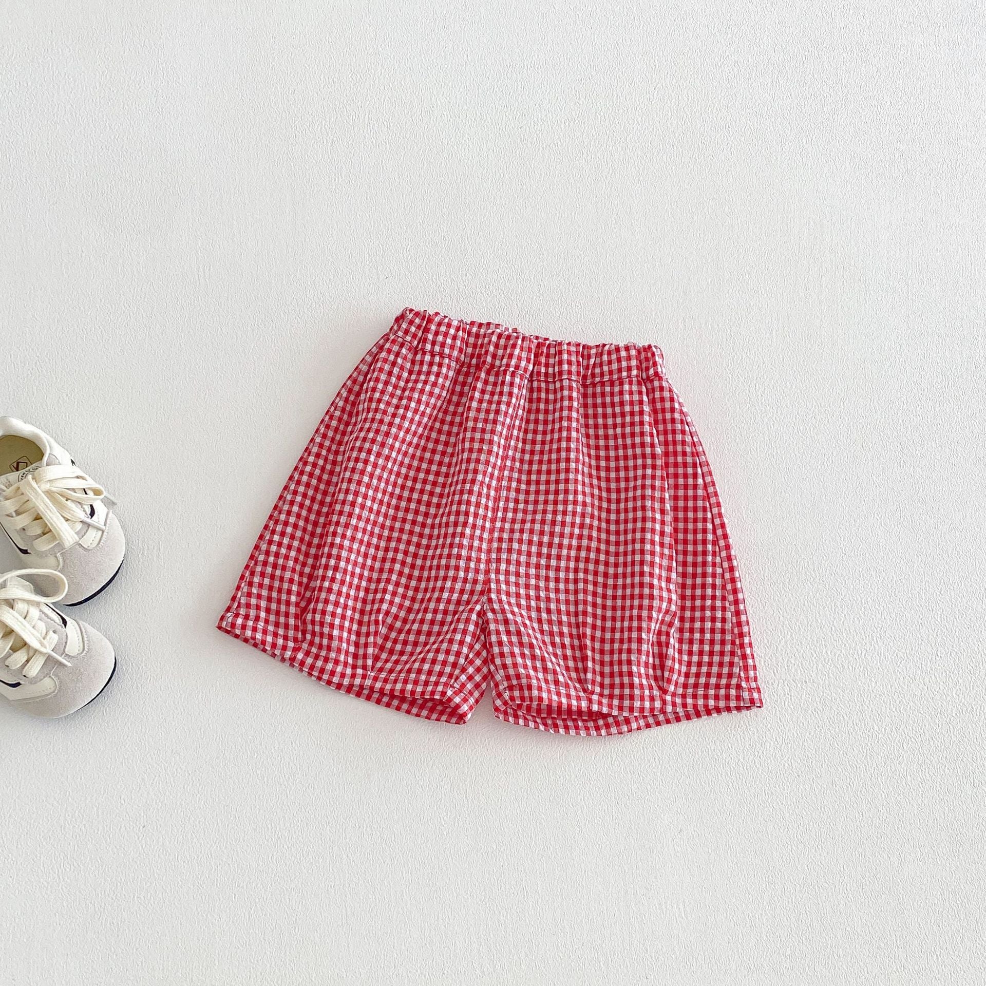 Baby Casual Simple Denim Shirt Set, Boys' Summer New Short Sleeve Checkered Pants Two-Piece Set