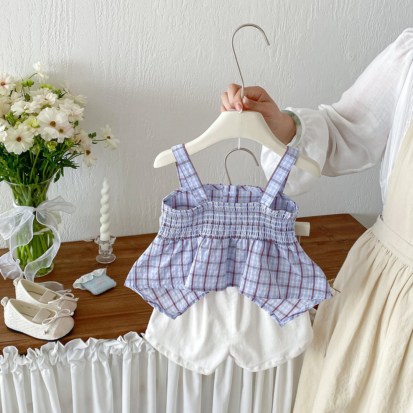Plaid Strap Top and Lightweight Casual Cotton Shorts for Baby Girls