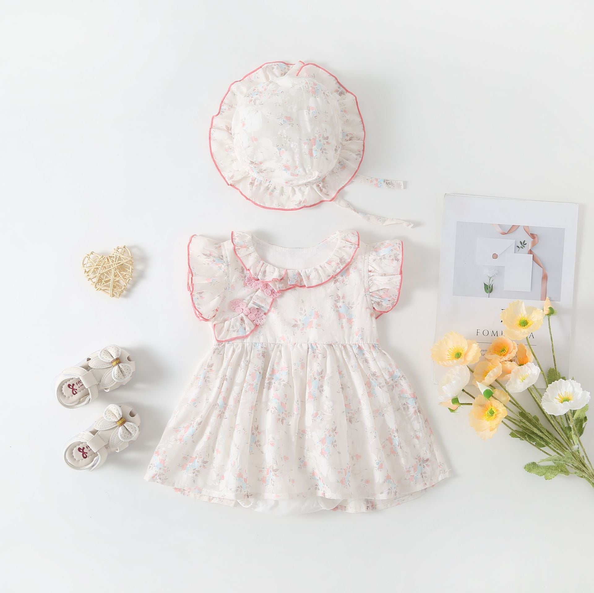 Baby Hanfu Romper DressQipao Baby Bodysuit with Floral Design, Short Sleeve, Traditional Chinese Costume for Girls