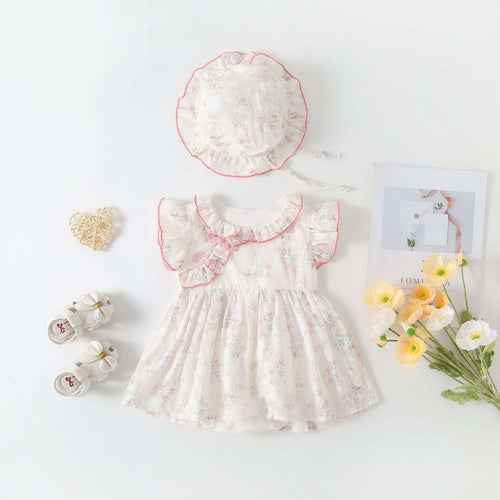 Baby girl hanfu romper dress with floral print, short puff sleeves, ruffled neckline, pink trim