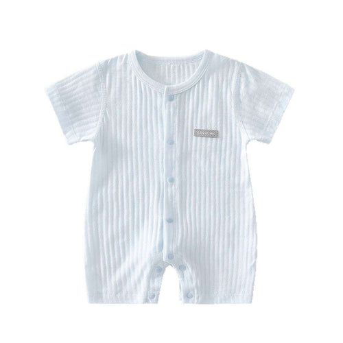 Baby short-sleeve summer jumpsuit, white striped fabric, button-front romper.