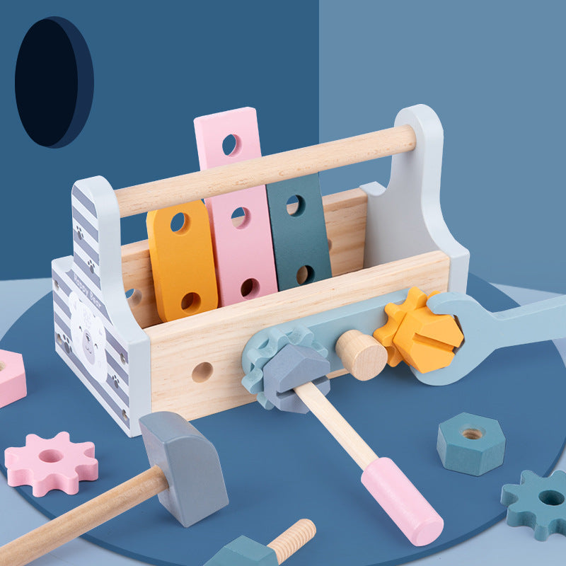 Children's Educational Wooden DIY Portable Simulation European Tool Blue Play House Screw Screw Disassembly Nut Toy