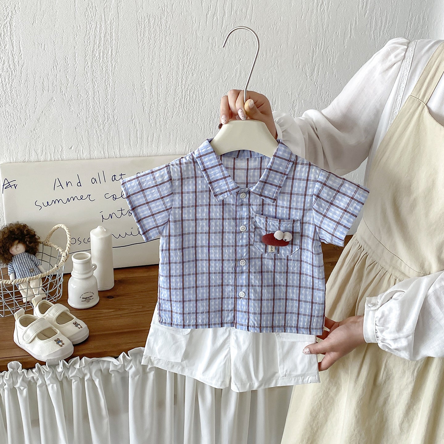 Summer New Infant and Toddler 3D Cartoon Checkered Short-Sleeve Shirt with Lightweight Work-Style Shorts Two-Piece Set