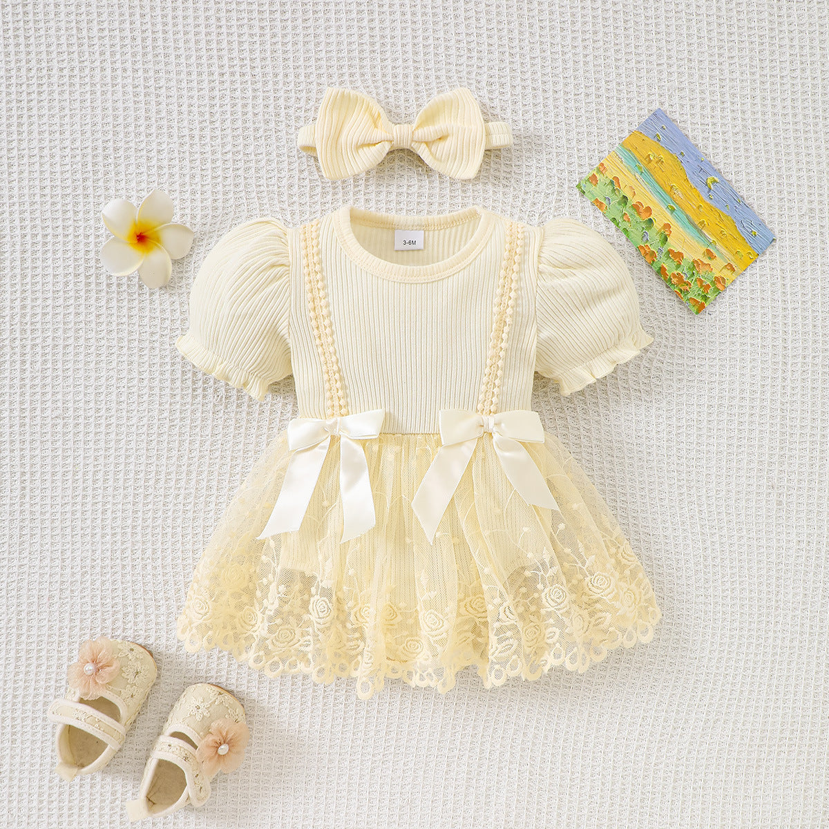 Cotton Knit Baby Romper with Ruffle Hem, Short SleeveBreathable Mesh Fabric, Summer Outfit for Infants and Toddlers