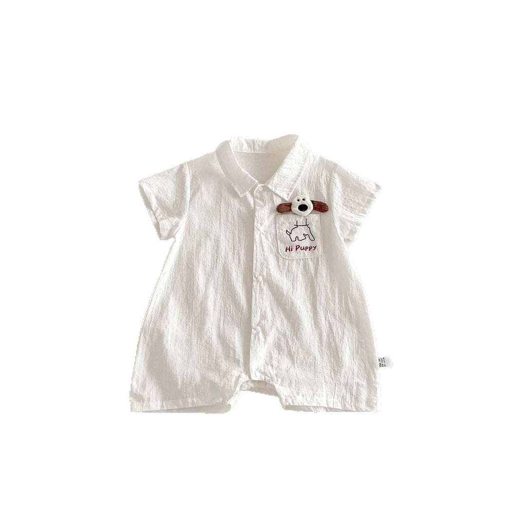 Summer New Boys' Cool White Polo Neck Romper, Baby Thin Cotton Short Sleeve Crawling Suit
