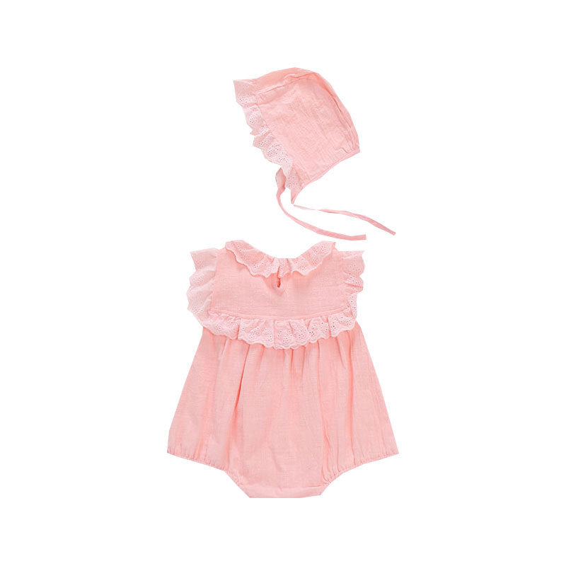 Baby Summer Lightweight Onesie for Girls with Lace Trim and Hat, Pure Cotton