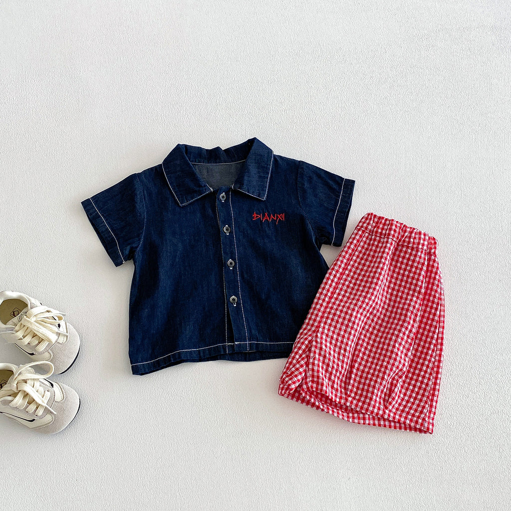 Baby Casual Simple Denim Shirt Set, Boys' Summer New Short Sleeve Checkered Pants Two-Piece Set