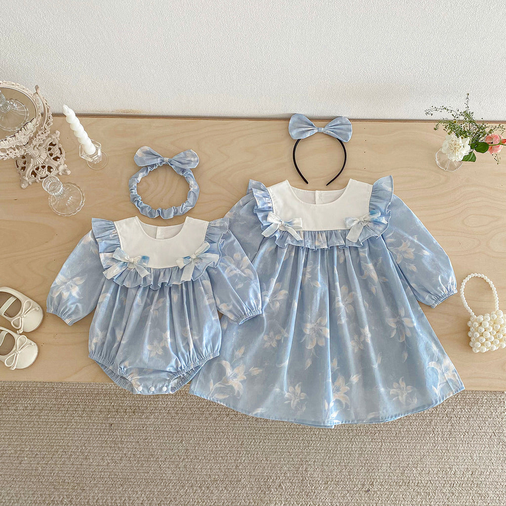 Cute Baby Girl Bodysuit with Blue Bow Dress, Spring Sister Outfit for Toddlers