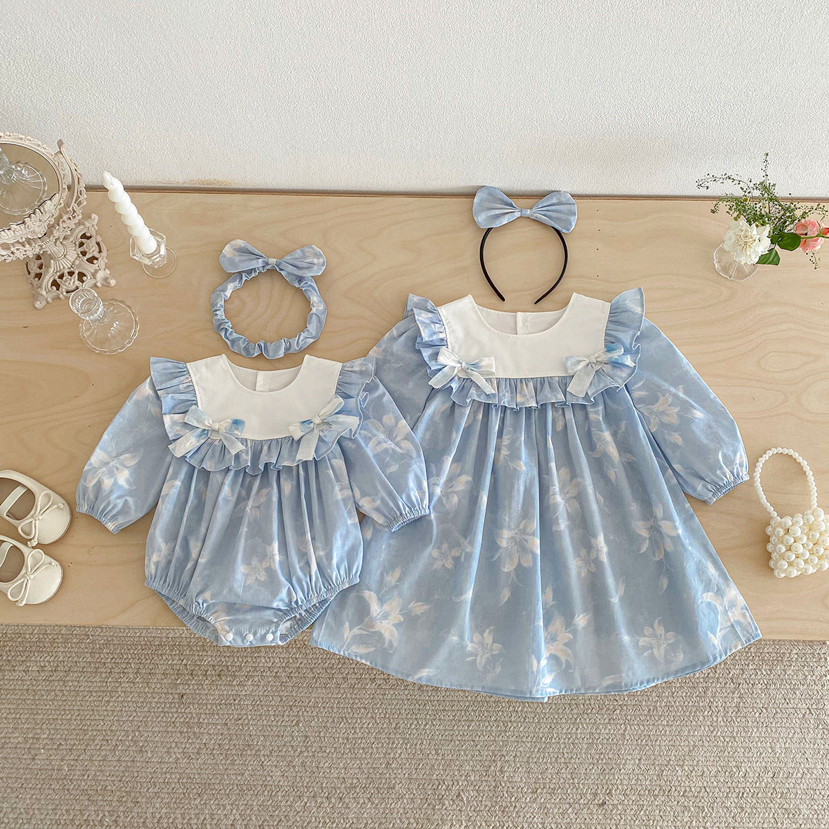Cute Baby Girl Bodysuit with Blue Bow Dress, Spring Sister Outfit for Toddlers
