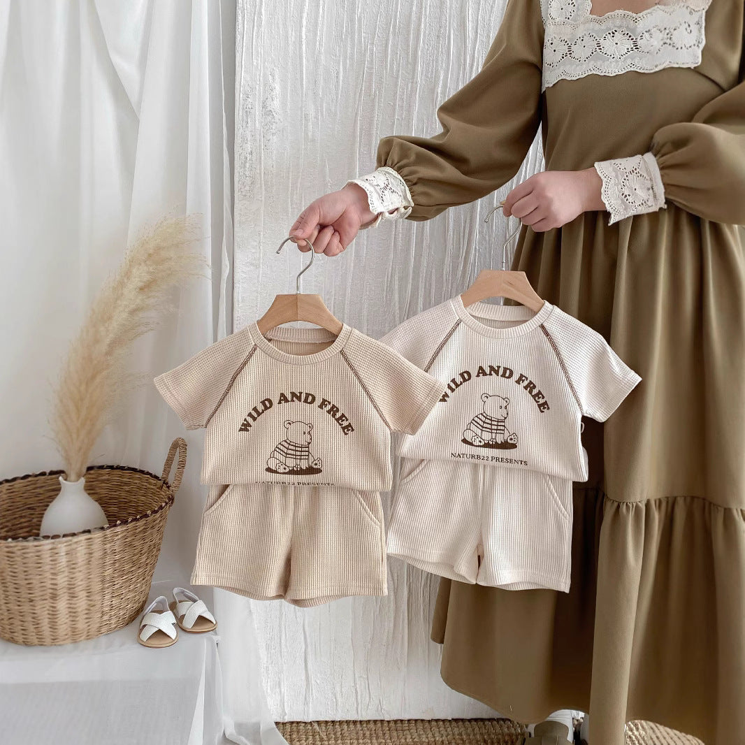 Infant and Toddler Clothes Set - Baby Summer Casual Waffle Knit Short Sleeve T-Shirt and Shorts Two-Piece Set
