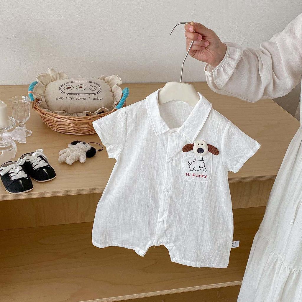 Summer New Boys' Cool White Polo Neck Romper, Baby Thin Cotton Short Sleeve Crawling Suit