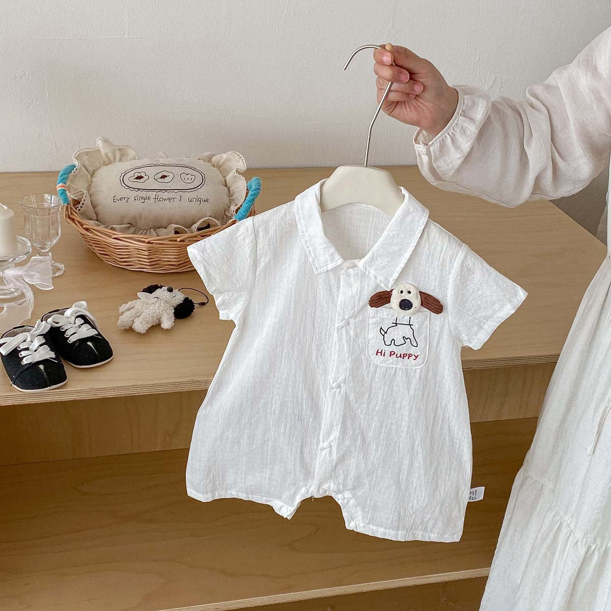 Summer New Boys' Cool White Polo Neck Romper, Baby Thin Cotton Short Sleeve Crawling Suit