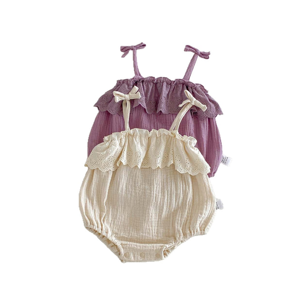 Cute Baby Girl Summer Romper with Lace Collar, Sweet Thin Cotton Sleeveless Onesie