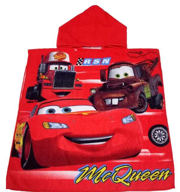 Kids hooded beach towel, red microfiber with racing car cartoon print