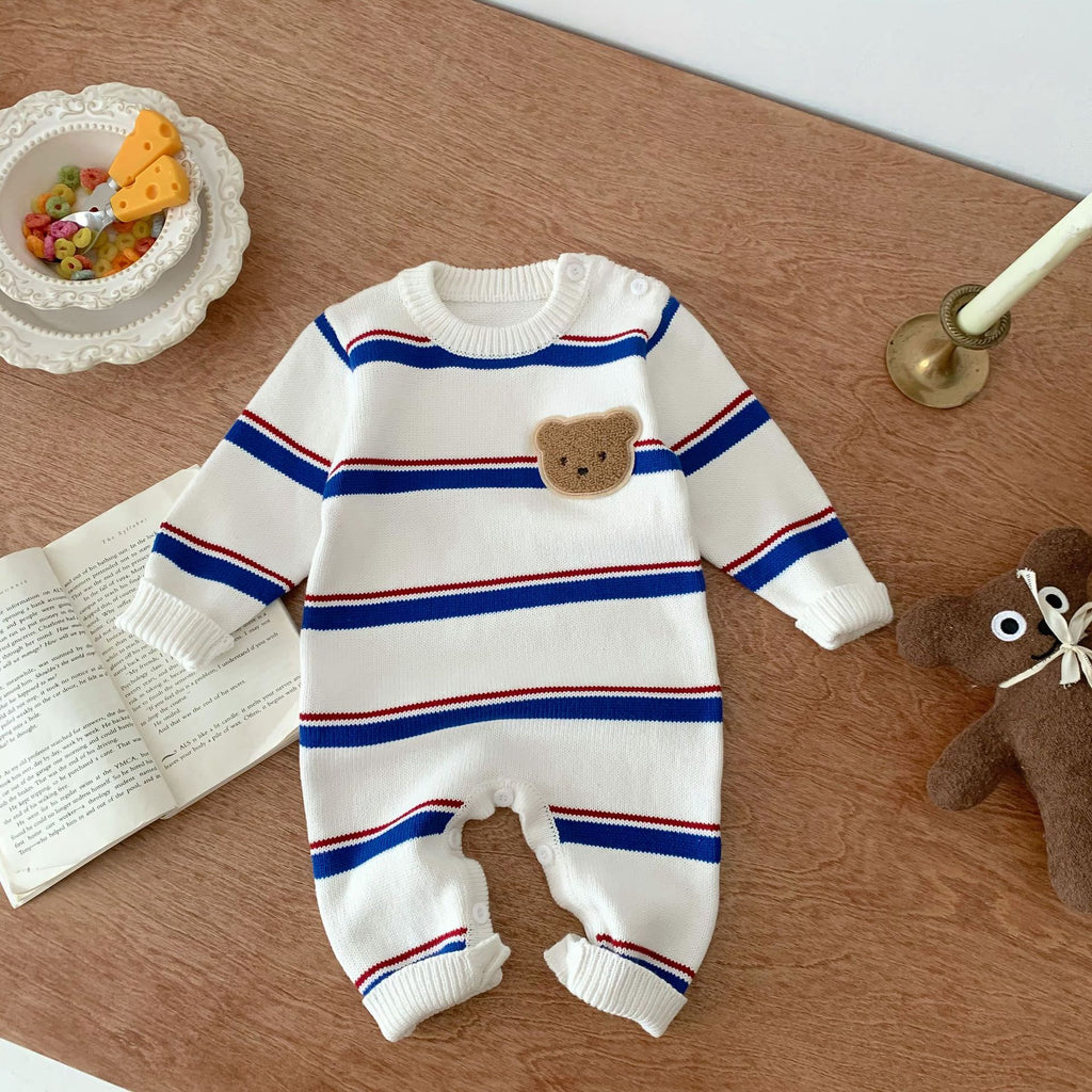 Stripe Baby Spring Knit Bodysuit Onesie Crawling Suit Unisex Baby Simple Crewneck Sweater