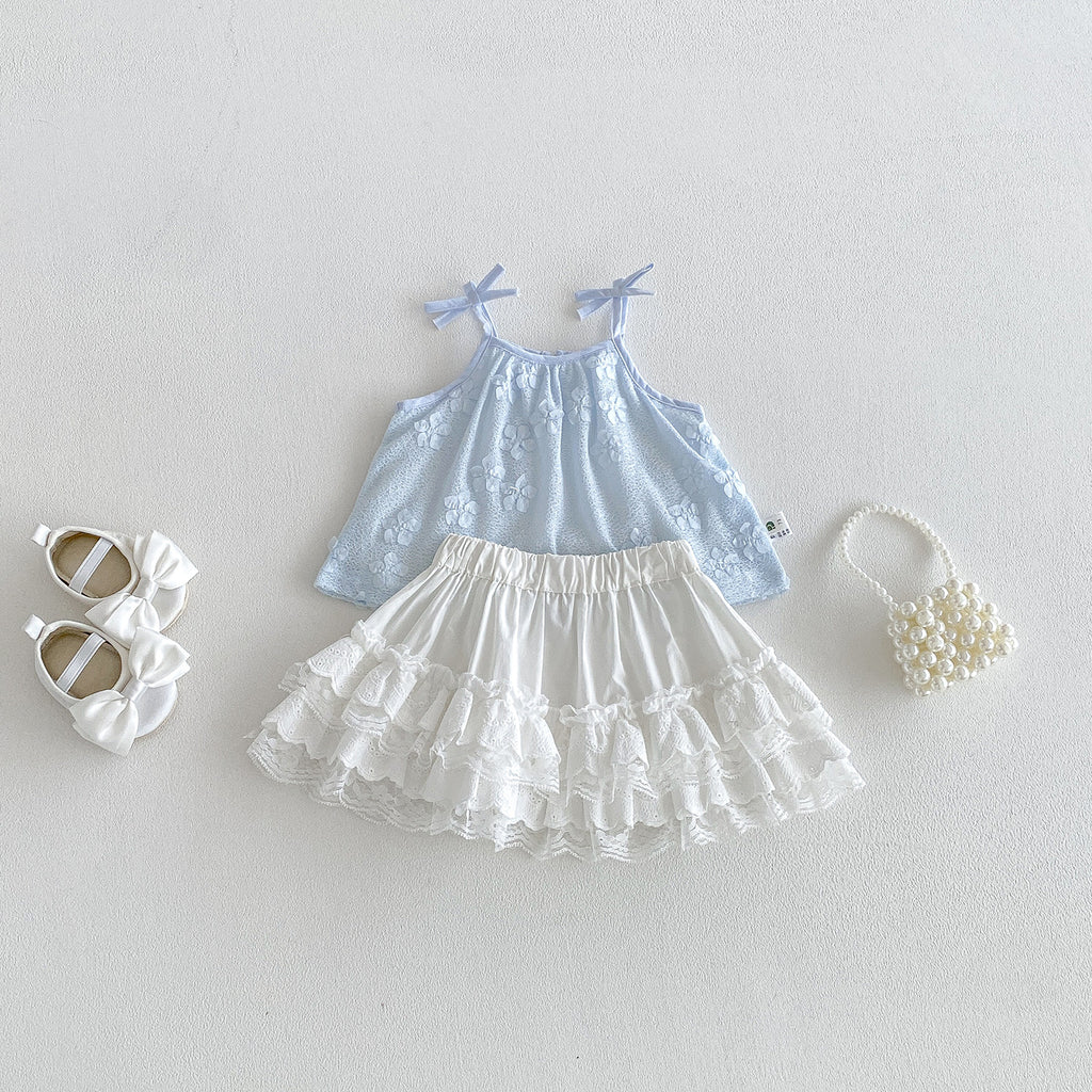 Baby Girls' Summer New Floral Lace Trimmed Sleeveless Dress with Bow