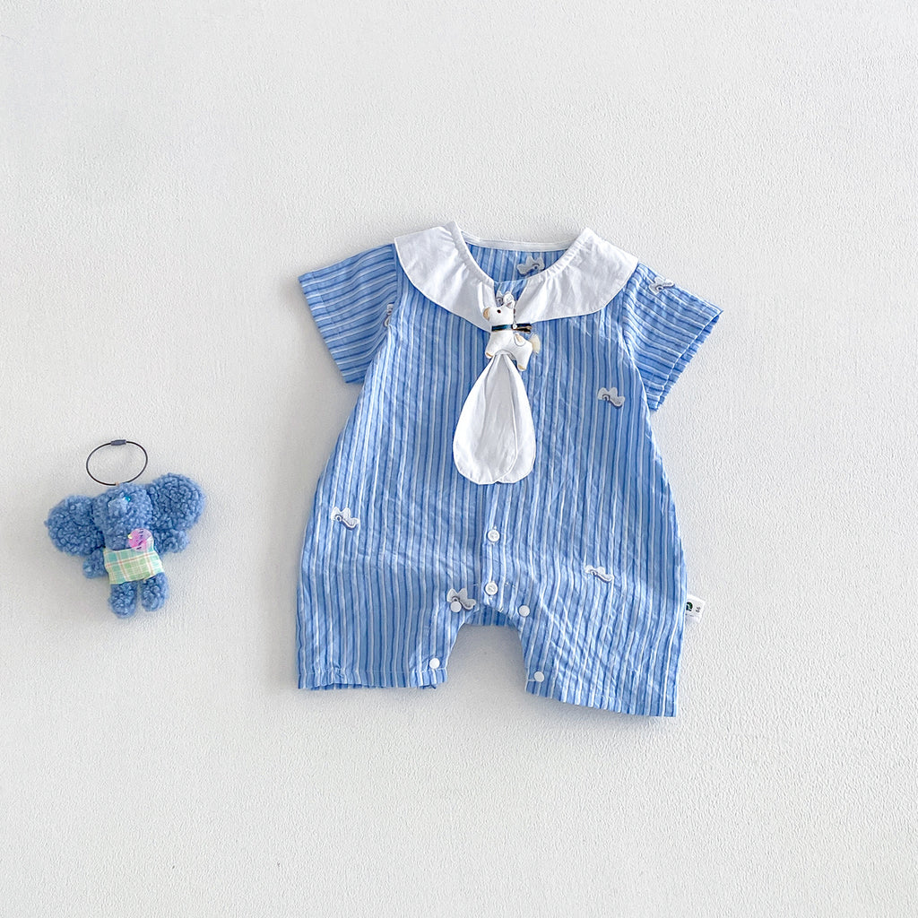 Cute Cartoon Embroidered Stripe Turn-Down Collar Short Sleeve Romper Baby Casual One-Piece
