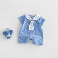 Cute Cartoon Embroidered Stripe Turn-Down Collar Short Sleeve Romper Baby Casual One-Piece