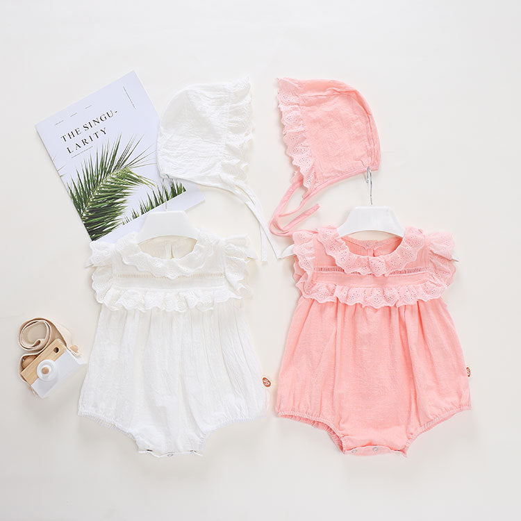 Baby Summer Lightweight Onesie for Girls with Lace Trim and Hat, Pure Cotton