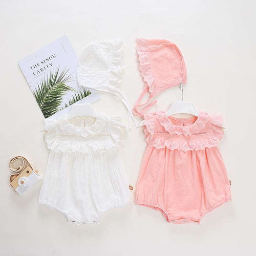 Pink and white lace-trim baby onesies with matching bonnet hats, ruffled yoke, pure cotton