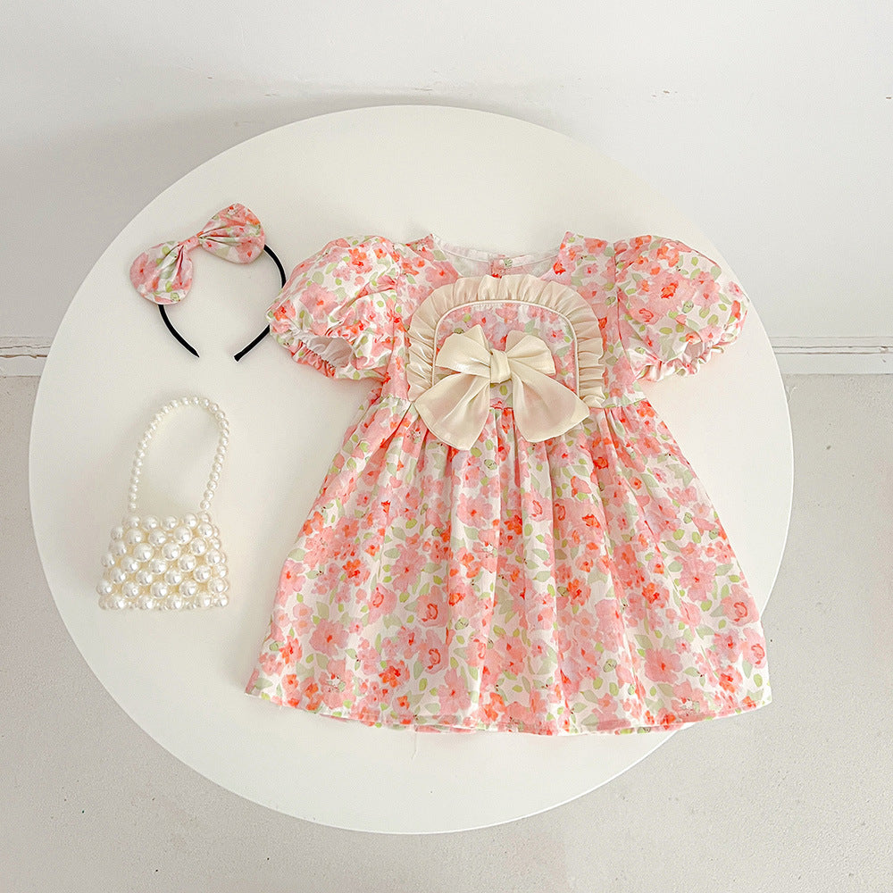 Summer Girls' Matching Floral Dresses, Baby Short Sleeve Rompers, Infant Triangular Bodysuits, Princess Dresses
