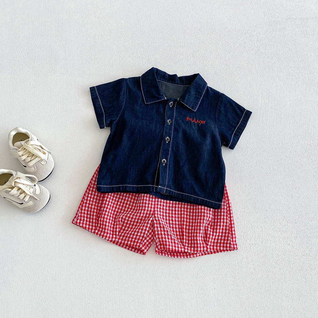Baby Casual Simple Denim Shirt Set, Boys' Summer New Short Sleeve Checkered Pants Two-Piece Set