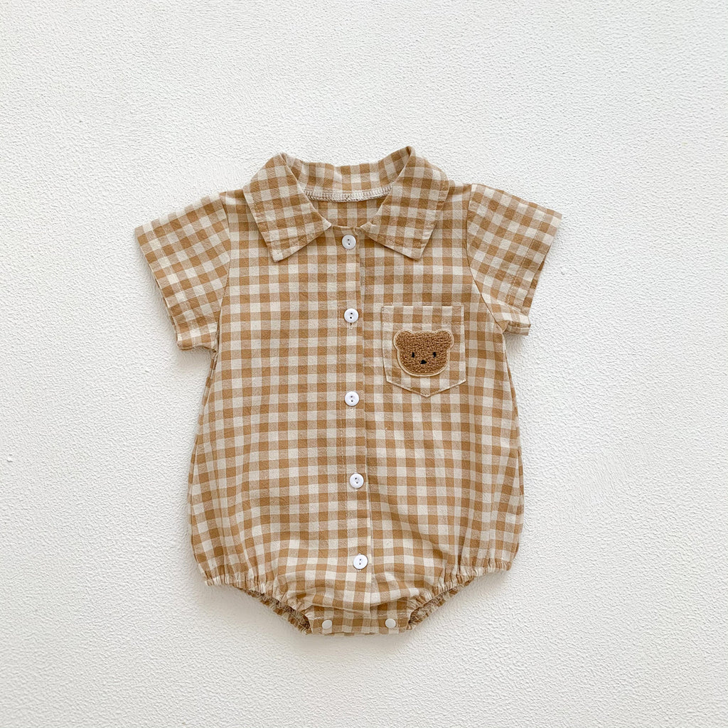 Summer Boy's Gentleman Collar Romper with Plaid Bear Pattern Lightweight Baby Onesie