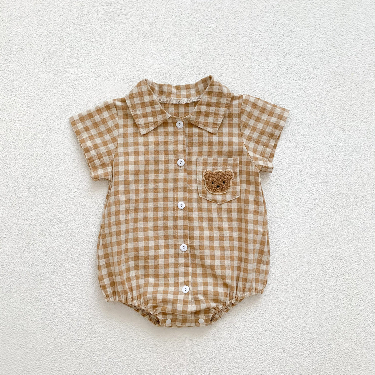 Summer Boy's Gentleman Collar Romper with Plaid Bear Pattern Lightweight Baby Onesie