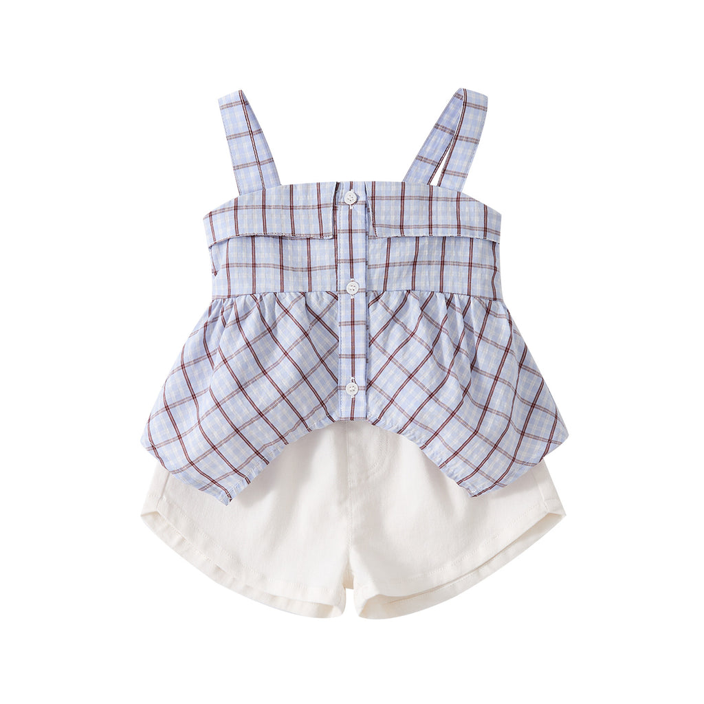 Plaid Strap Top and Lightweight Casual Cotton Shorts for Baby Girls