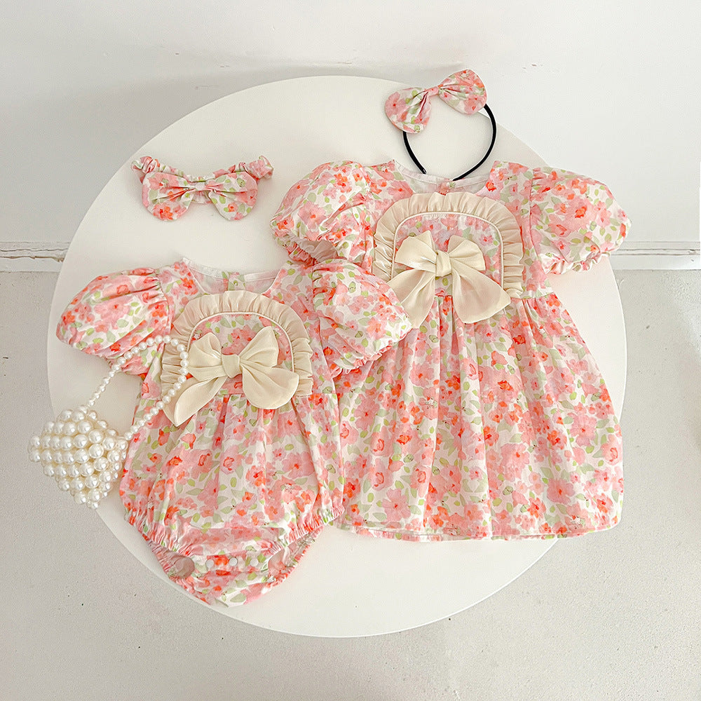 Summer Girls' Matching Floral Dresses, Baby Short Sleeve Rompers, Infant Triangular Bodysuits, Princess Dresses