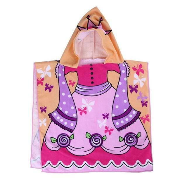 Kids hooded beach towel, purple princess character print with hood