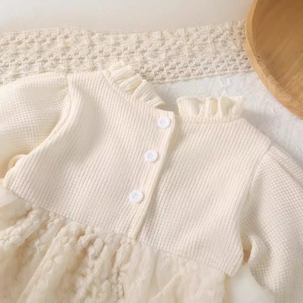 Baby Spring Lace Tulle Dress, Newborn Girl Baby 100-Day 1st Birthday Outfit, Romper Princess Onesie Bodysuit