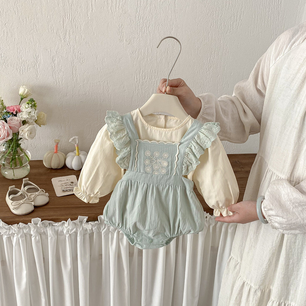 Spring New Baby Embroidered Overalls Romper Set, Girl Baby Shirt and Triangular Crawler Stylish Two-Piece Set