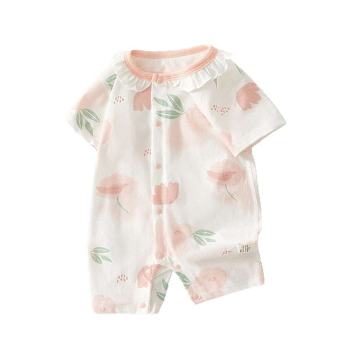Baby short-sleeve jumpsuit in white with pink floral print and ruffled neckline trim