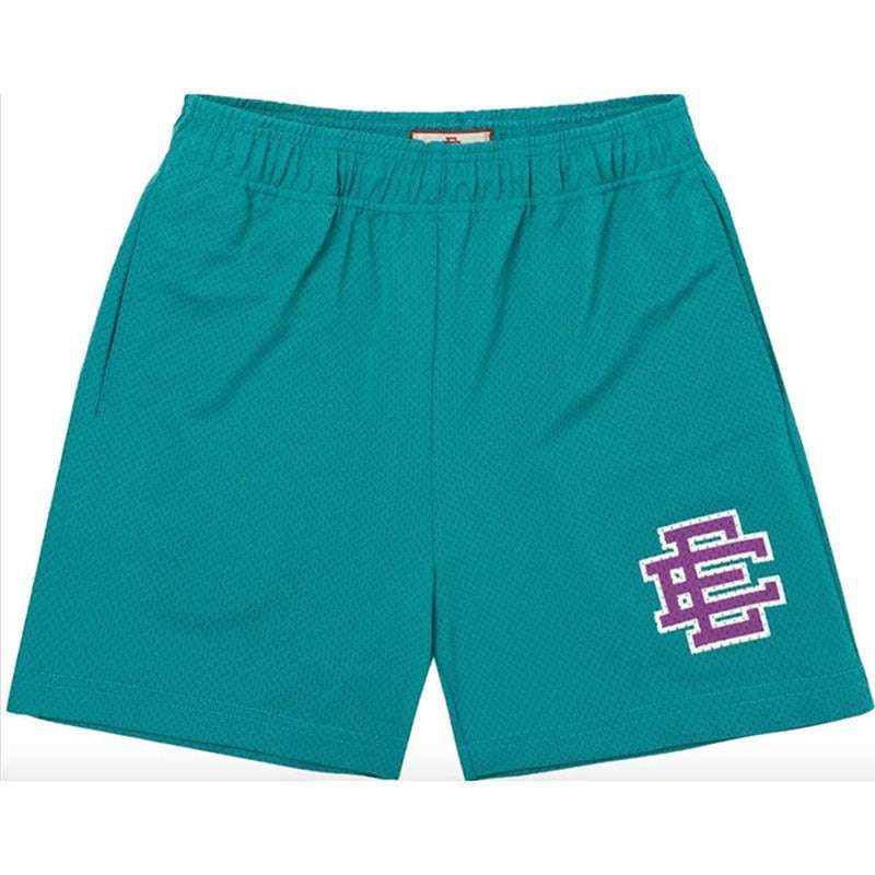 Boys teal green mesh sports shorts with elastic waist and embroidered side logo
