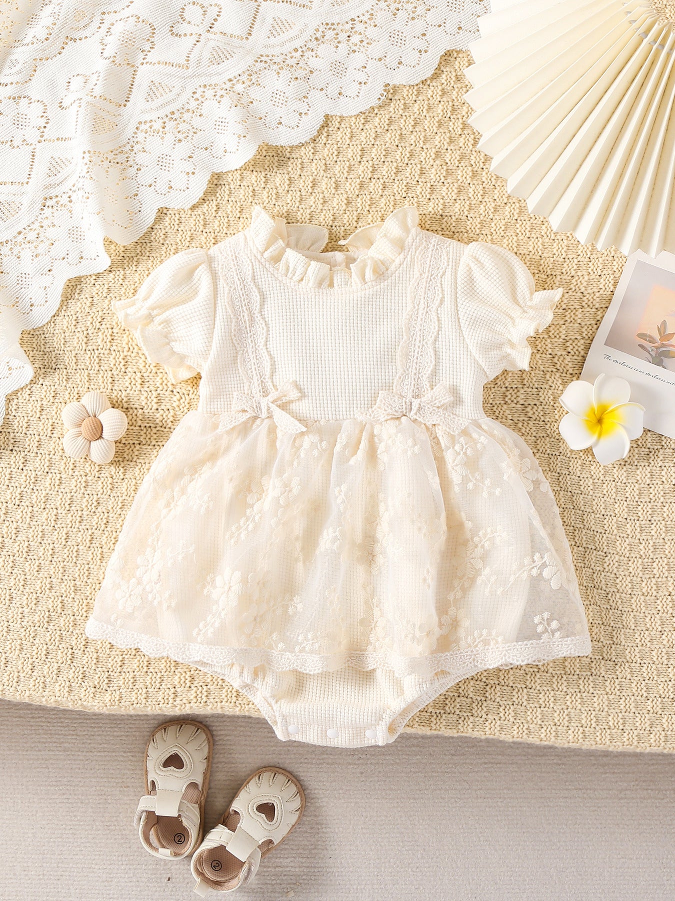 Baby Spring Lace Tulle Dress, Newborn Girl Baby 100-Day 1st Birthday Outfit, Romper Princess Onesie Bodysuit