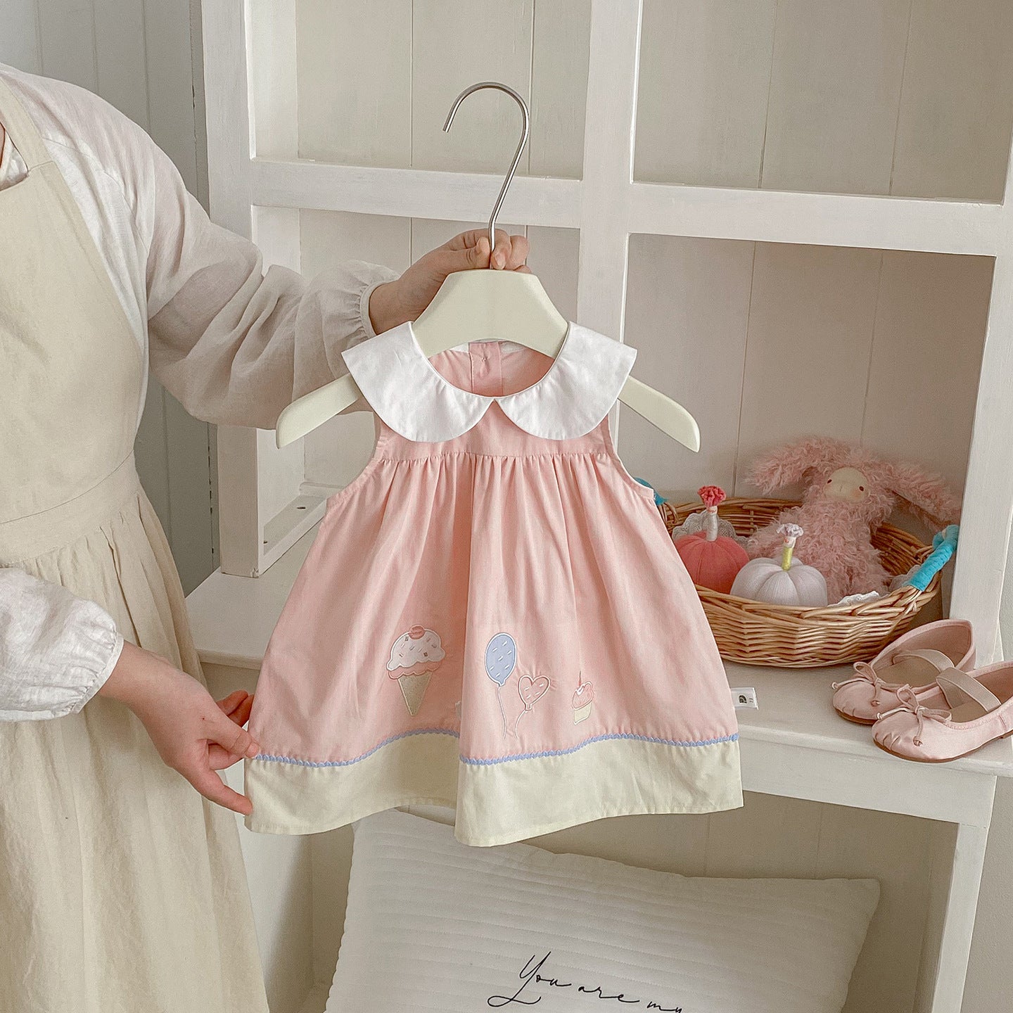 Summer New Style Baby Sweet Cartoon Cotton Backless Dress, Baby Charming Peter Pan Collar Dress