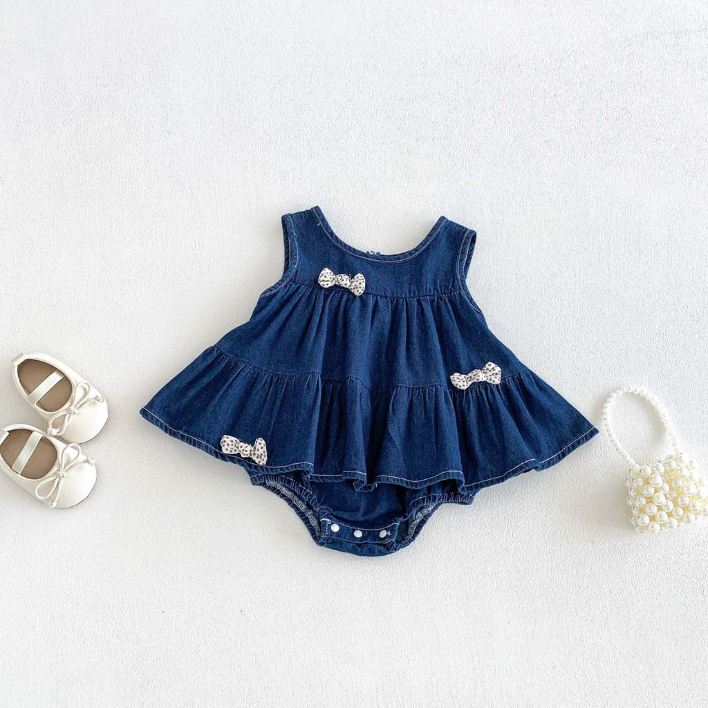 Child's Summer Sleeveless Denim Romper Dress with 3D Bow, Fashionable Baby Outfit