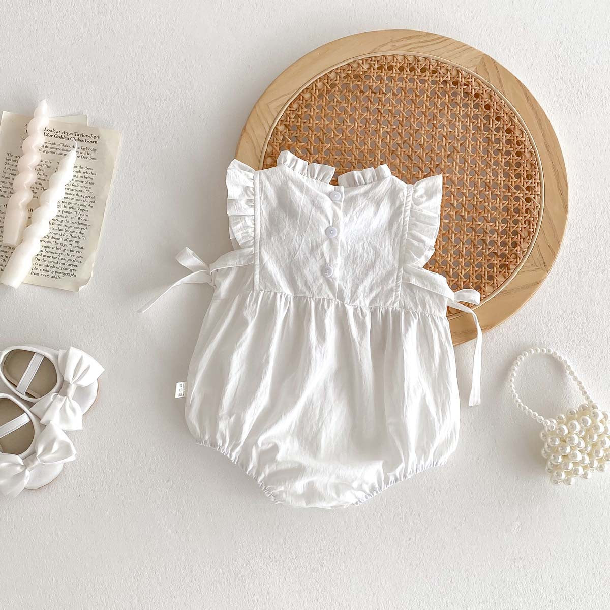 Summer Style Baby Embroidered Side Bow Romper, Girl's Charming Ruffle Sleeve Onesie