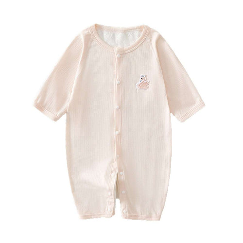 Light pink long-sleeve baby romper with front snaps and animal chest embroidery