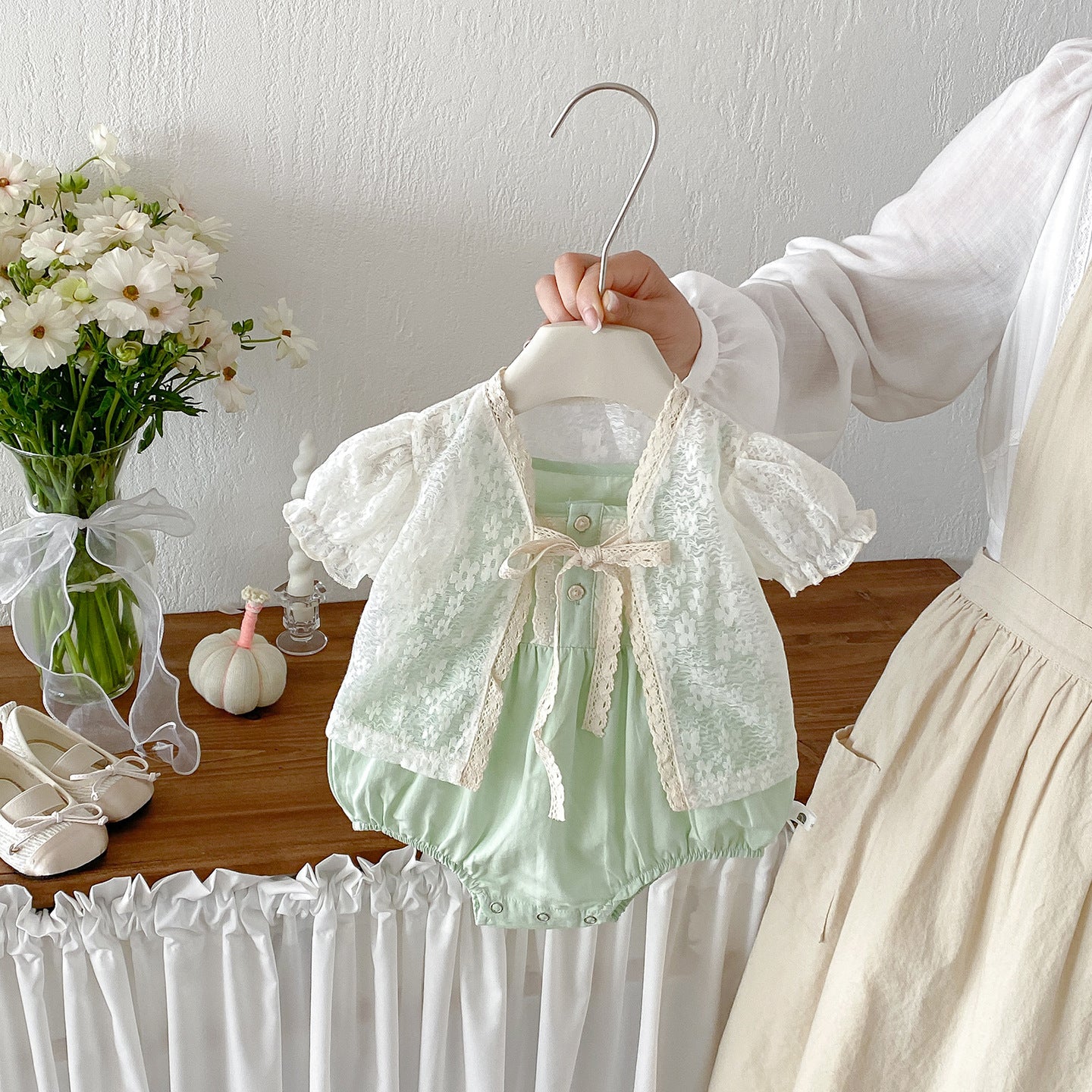 Cute Lace Puff Sleeve Cardigan Thin Outerwear with Matching Romper Set for Baby Girls Summer New Style