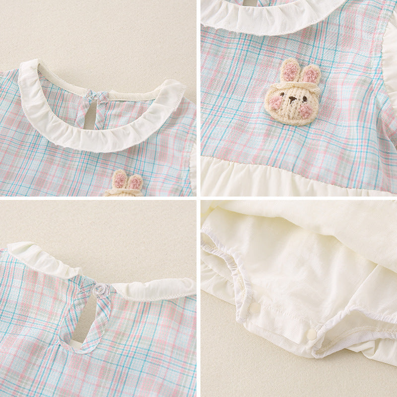 Newborn Baby Summer Romper Dress, Cute Cartoon Onesie for Girls Checkered Bodysuit