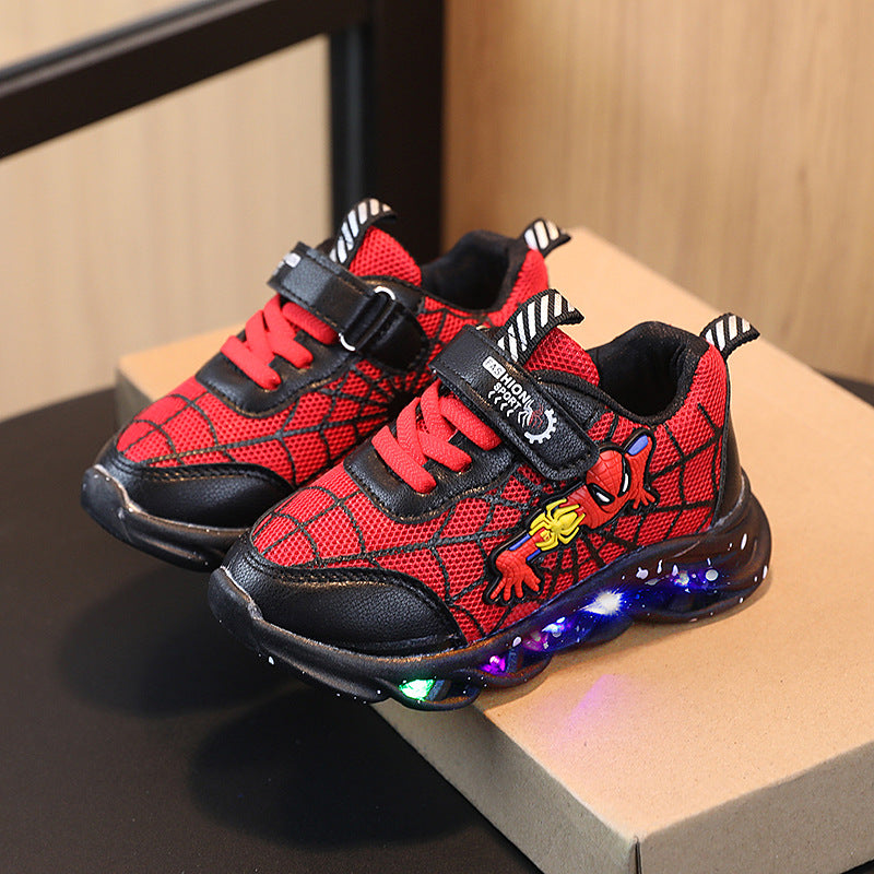 2026 New Boys Spider-Man Sports Light-Up Shoes Factory Direct Sales Fashion Mesh Middle Big Kids Cartoon Light-up Shoes Trend