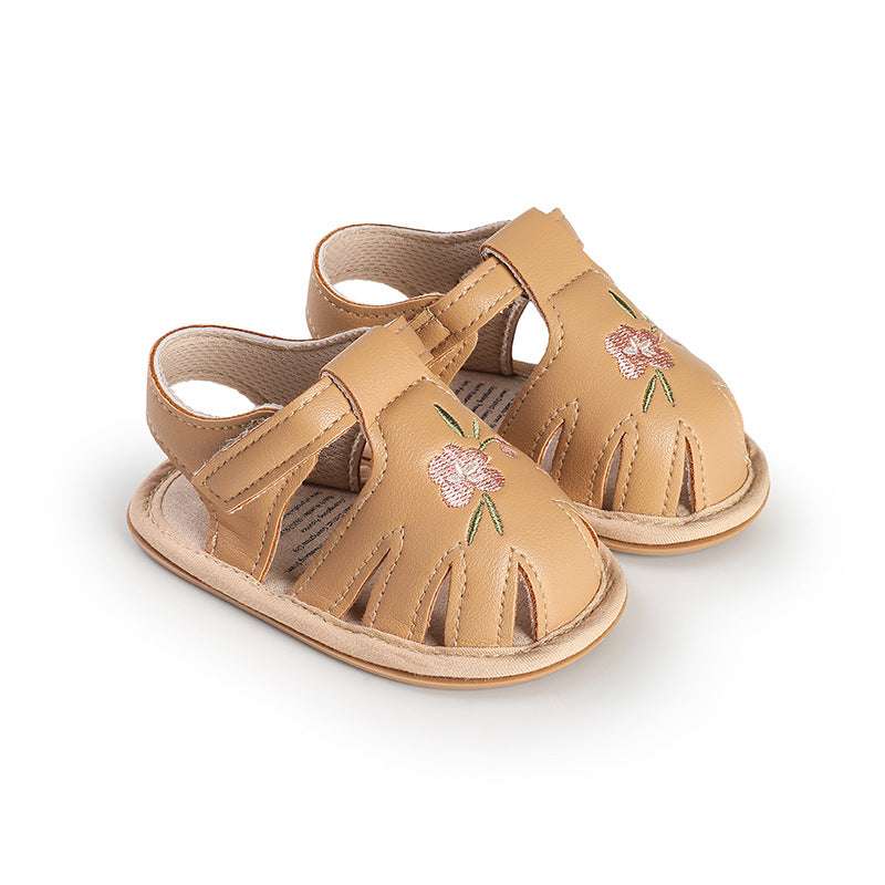 Apricot infant baby walking sandals with floral embroidery and hook-and-loop strap