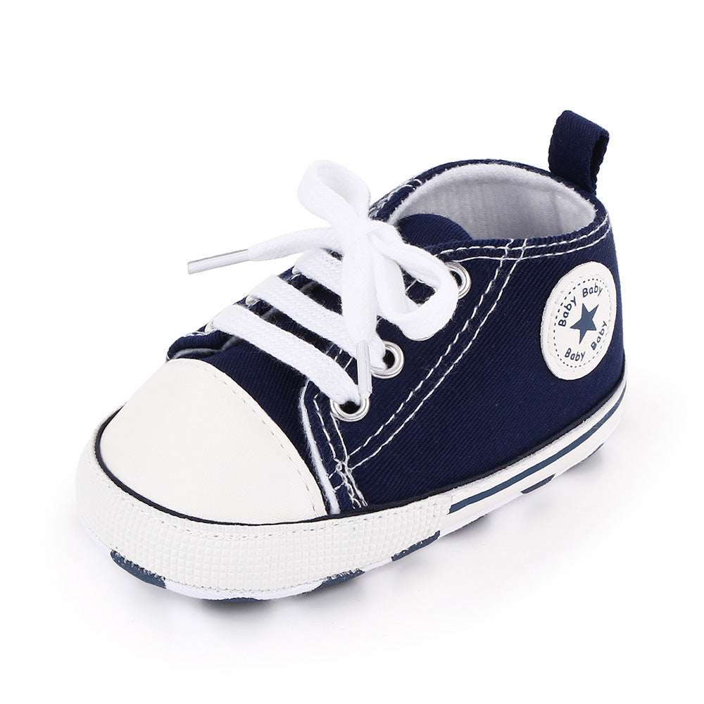 Toddler canvas sneakers, navy blue canvas with white laces, lace-up soft sole star patch
