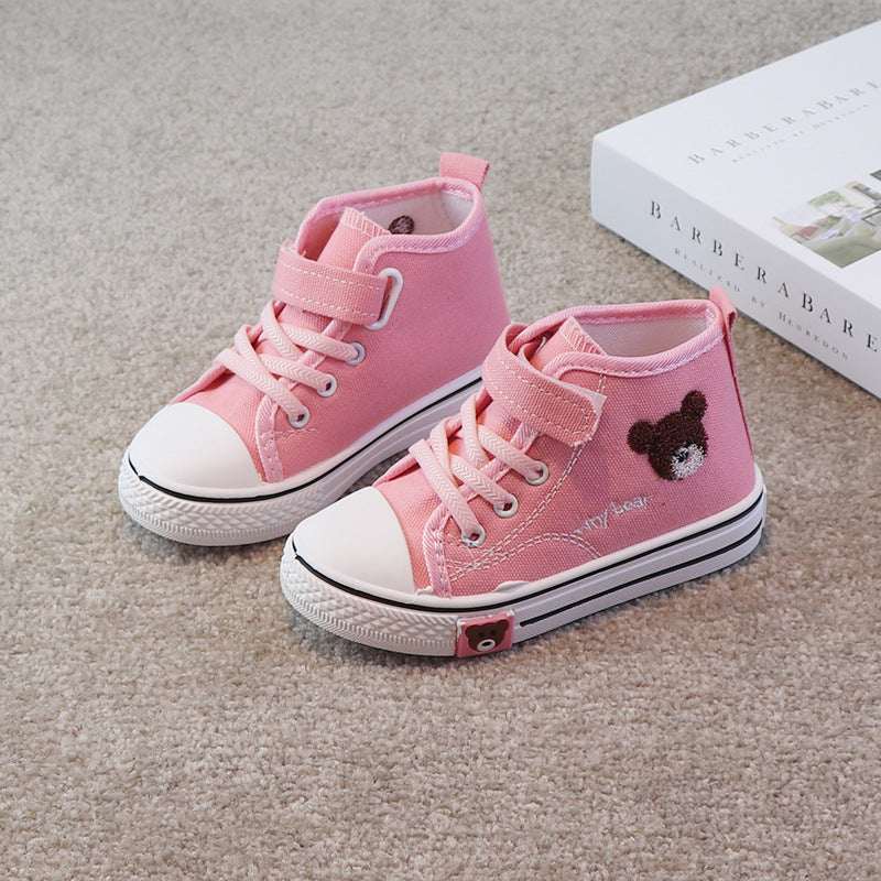 Children's high-top canvas sneakers, pink with bear patch, lace-up style and white rubber toe