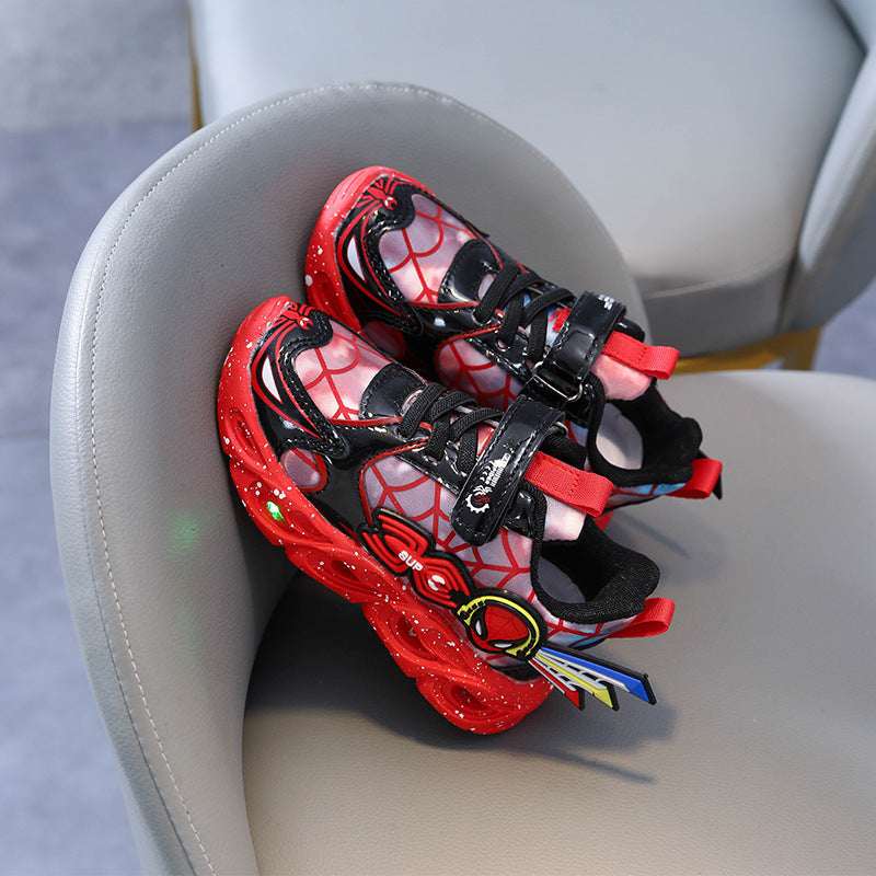 Red kids light-up sneakers with Spider-style pattern, bright LED details, Velcro closure