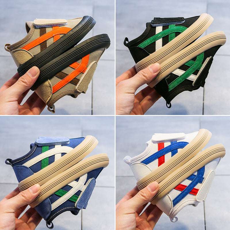 Kids canvas sneakers shown in multiple colors: tan/orange, black/green, blue/green, white/blue.